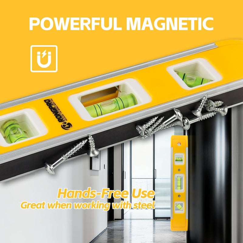 RONGPRO 9 Inch Torpedo Level, Magnetic Box Level with 45°/90°/180° Bubbles, Shock Resistant Bubble Level Tool for Measuring - 2 PCS - Image 4